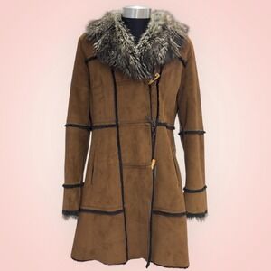 Platinum Utex Brown Faux Suede Fur Trim  parka Coat Jacket Winte Womens Size M